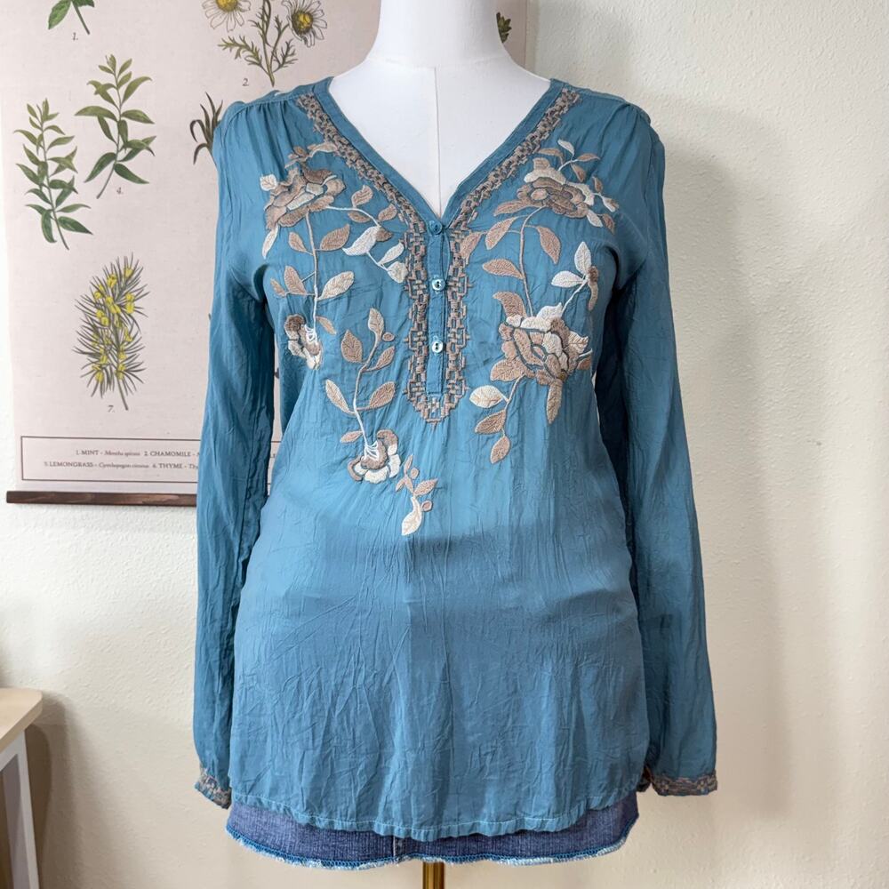 Embroidered Henley Tunic Top Boho Hippie Fairy Grunge Forest Coastal Cottage M